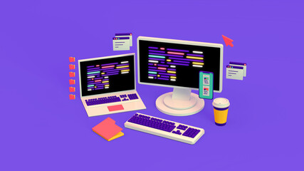 3d illustration about coding, development, code and programming. Monitor and laptop with multi-colored lines of algorithms, and next to it there is a cup of coffee, smartphone, folders and a keyboard - obrazy, fototapety, plakaty