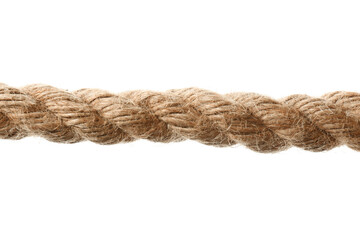 Hemp rope on white background, closeup. Organic material
