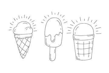 Ice cream. Popsicle, waffle cone and waffle cup. Cold delicacy. Dessert. Vector. Doodle. Drawn by hand. Sketch. Silhouette. Black and white. Contour. Coloring.