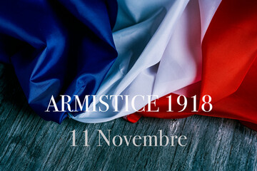 flag of france and text armistice 1918 in french - obrazy, fototapety, plakaty