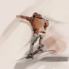 Urban boy with a skateboard. Young boy riding in the park on a skateboard - obrazy, fototapety, plakaty