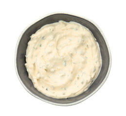 Tartar sauce in bowl isolated on white, top view