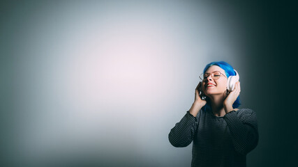 Music joy. Favorite playlist. Gadget entertainment. Happy inspired smiling woman listening to song...