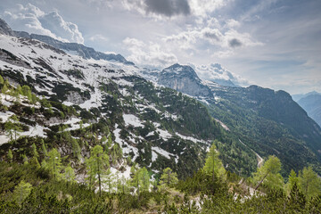 Fototapeta na wymiar Beautiful snow mountain landscape. Sella Nevea, Julian Alps, Friuli-Venezia Giulia, Italy