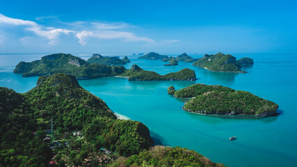 High angle view of stunning islands with emerald green water. Wua Ta Lap Island, Mu Koh Ang Thong...