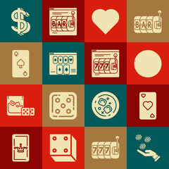 Set Hand holding casino chips, Playing card with heart symbol, Casino roulette wheel, Online poker table game, spades, Dollar and slot machine lucky sevens jackpot icon. Vector