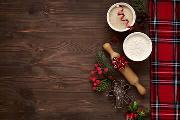 Concept for Christmas festive baking. Top view. Copy space.