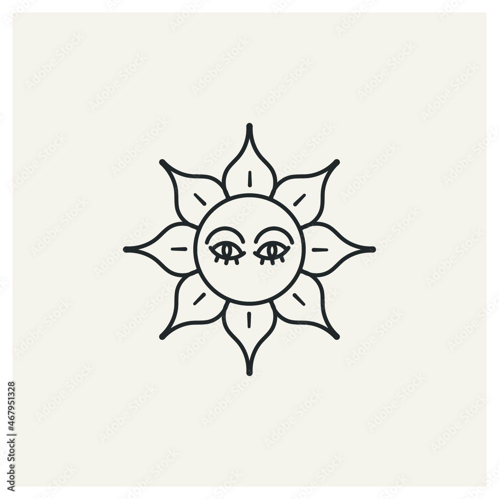 Wall mural linear image of the sun. symbolic celestial object with eyes. outline drawing. vector illustration