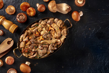 Beef stroganoff, mushroom and meat ragout with cream sauce, traditional Russian dish, shot from the top on a black slate background