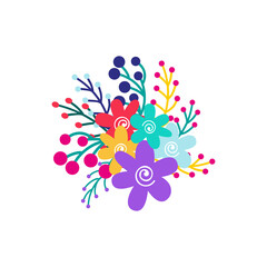 Vector illustration of bunch of colorful blooming flowers and berries on white isolated background