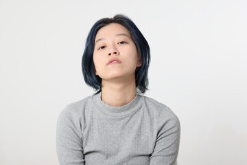 Young attractive Asian chinese malay woman pose face body expression mode emotion on white background look