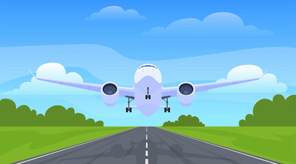 Plane take off from runway front view vector flat illustration. Airliner airplane flying from land - obrazy, fototapety, plakaty
