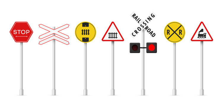 Modern railway signs set realistic vector illustration warning symbols railroad traffic light