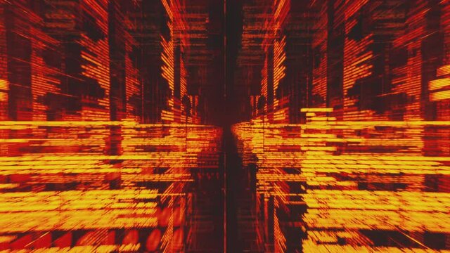 Flying into Infinite glowing red lines of computer data or code. Loop.
