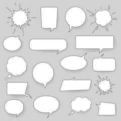 Speech bubbles set isolated on gray background. Collection of trendy speech bubbles with shadow in flat style. Speech bubble template for social network and app concept. Vector illustration