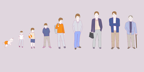 Life cycles of man isolated on background. Cartoon people set. Collection of hand drawn people for: web site, poster, placard and wallpaper. Creative art concept, vector illustration