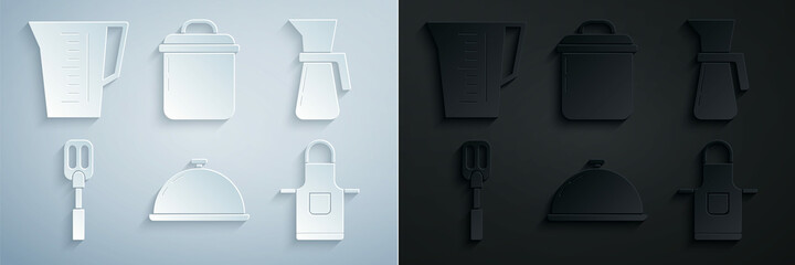 Set Covered with a tray of food, Measuring cup, Spatula, Kitchen apron, Cooking pot and icon. Vector