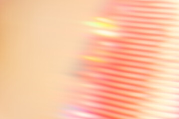 Lens flare filter. Defocused color glow. Bokeh beam overlay. Sunlight glare. Blur pastel peach pink orange color gradient light rays abstract background.