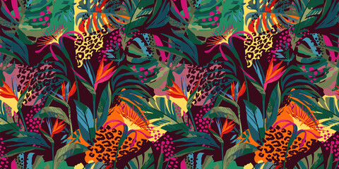 Abstract art seamless pattern with tropical leaves and flowers. Modern exotic design - 467952596