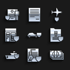 Set Car with shield, Document key, Stacks paper money cash, Ship, Shopping building, Plane and Medical clipboard clinical record icon. Vector