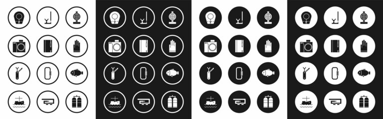 Set Industry metallic pipes and valve, Underwater note book pencil, Photo camera for diver, Diving hood, Gloves, Snorkel, Fish and Swiss army knife icon. Vector