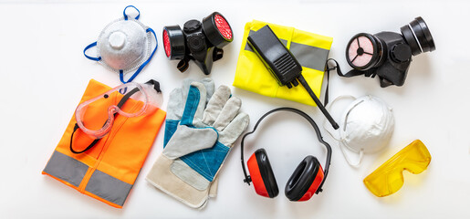 Work health and safety flat lay. Labor personal protective gear for industry and construction site. - obrazy, fototapety, plakaty