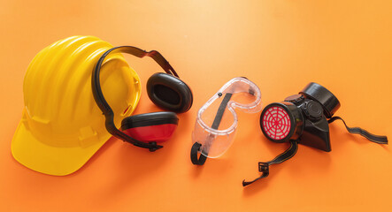 Work wear safety protection equipment, orange color background, personal protective gear