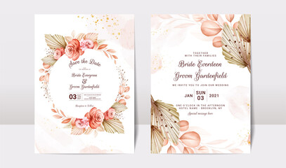 Floral wedding invitation template set with brown and peach roses flowers and leaves decoration. Foliage card design concept
