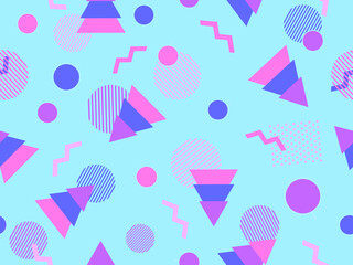 Christmas seamless pattern in 80s style with Christmas trees and geometric shapes. Xmas design for printing on promotional materials, wrapping paper and banners. Vector illustration