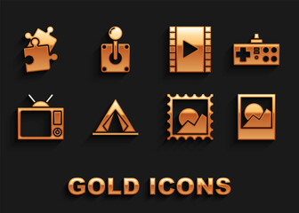 Set Tourist tent, Gamepad, Photo frames, Picture landscape, Television, Play Video, Piece of puzzle and Joystick for arcade machine icon. Vector