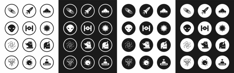 Fototapeta premium Set UFO flying spaceship, Cosmic, Alien, Planet, Sun, Rocket with fire, Astronomical observatory and Black hole icon. Vector