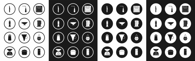 Set Oven, Sauce boat, Pepper, Knife, Kettle with handle, Long electric lighter, Ball tea strainer and Salt pepper icon. Vector