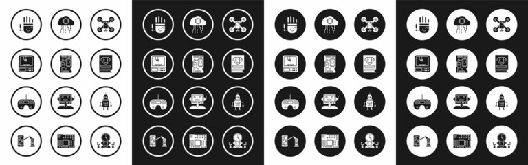 Set Drone flying with action camera, Electronic computer components motherboard digital chip, 3D printer, Mechanical robot hand, User manual, Internet of things, Robot and Remote control icon. Vector