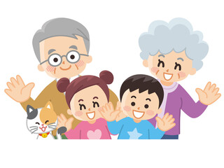 祖父母と孫とペットの猫