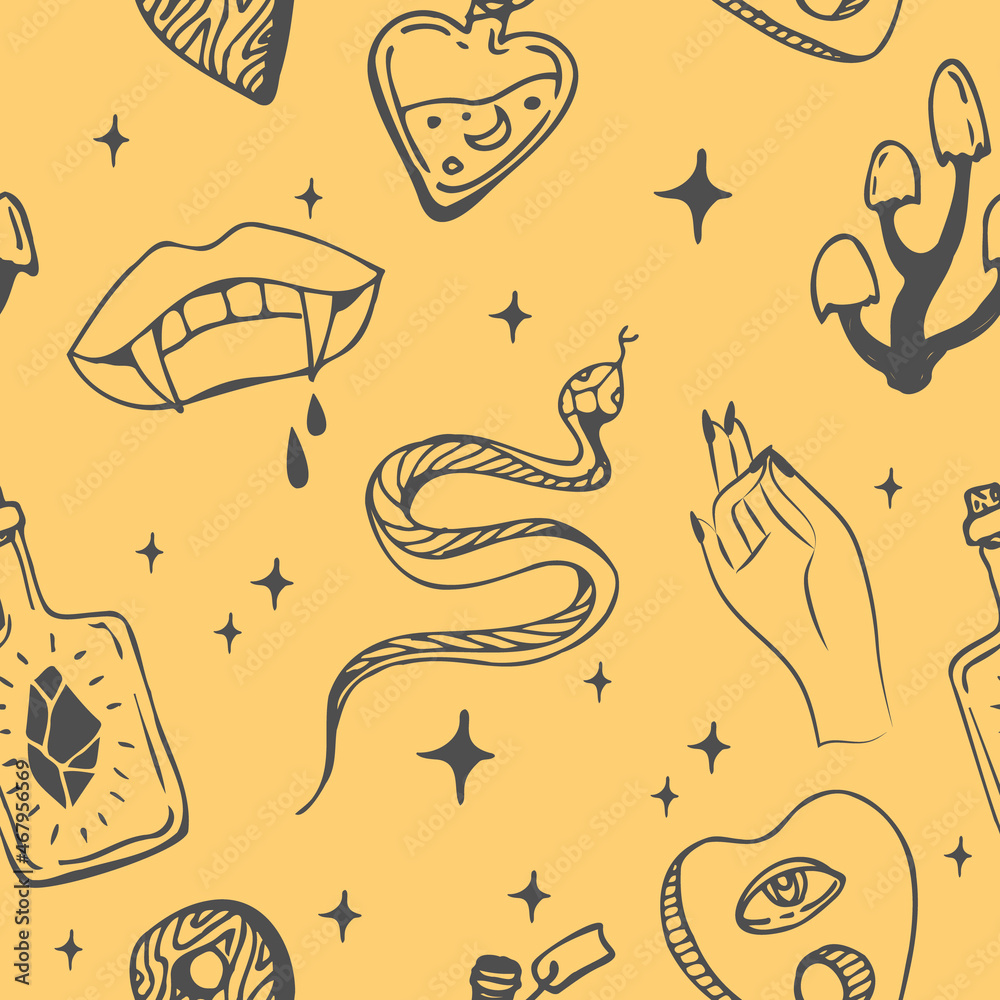 Sticker vector seamless pattern with boho hand drawn mystical or magic esoteric doodle elements and logo ico