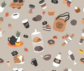 Vector seamless pattern with coffee shop hand drawn collection. Various coffee pots and cups, dessert sweets, pancakes. Vector