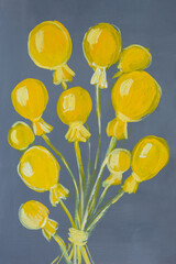 Balloons yellow acrylic. Gray is the trending color of 2021. Creative illustration of decorative yellow balls on a rope. Fashionable concept of childhood, holiday. Vertical layout of the design.