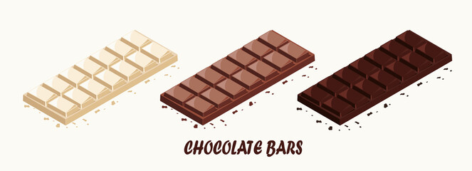Different type of chocolate bars, white and dark cocoa snacks