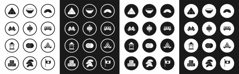 Set Chinese fortune cookie, Japanese paper lantern, Sushi on cutting board, Bowl of hot soup, and Gate icon. Vector