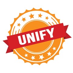 UNIFY text on red orange ribbon stamp.