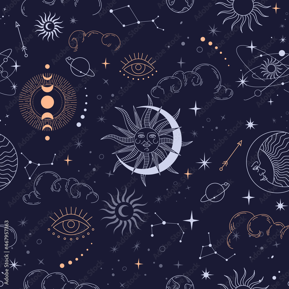 Wall mural vector seamless pattern with celestial mystic esoteric magic elements sun moon and clouds different 