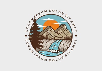 illustration drawing of mountain and waterfall