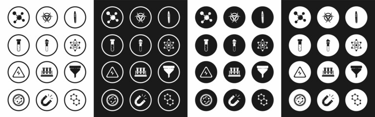 Set Tweezers, Test tube and flask chemical, Molecule, Atom, Biohazard symbol, Funnel or filter and High voltage sign icon. Vector