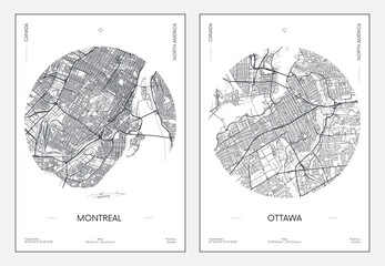 Fototapeta premium Travel poster, urban street plan city map Montreal and Ottawa, vector illustration