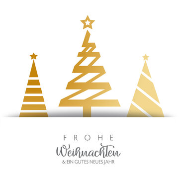 Frohe Weihnachten und ein gutes neues Jahr  - Grußkarte mit goldenen Weihnachtsbäumen und deutschem Text auf weißem Hintergrund