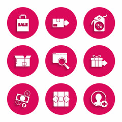Set Search in a browser window, Gift box, Create account screen, Money cash and coin, Carton cardboard, Discount percent tag and Shoping bag with Sale icon. Vector