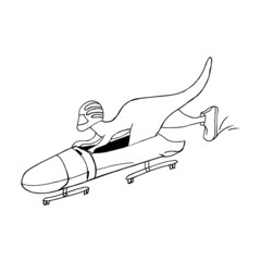 A cartoon dinosaur is engaged in a winter sport, bobsleigh.Vector illustration in doodle style.