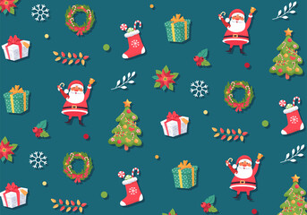 Colorful Christmas decoration elements, Santa Claus, boxes, Christmas tree, wreath and flowers pattern illustration