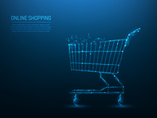 cart supermarket low poly wireframe. online shopping and ecommerce concept. consisting of points, lines, and triangle. vector illustration futuristic style. © Yellow duck