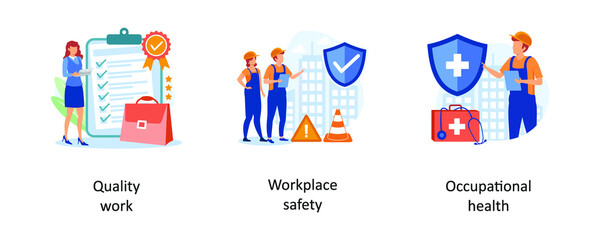 Quality work, Workplace safety, Occupational Health. Working environment abstract concept vector illustrations.